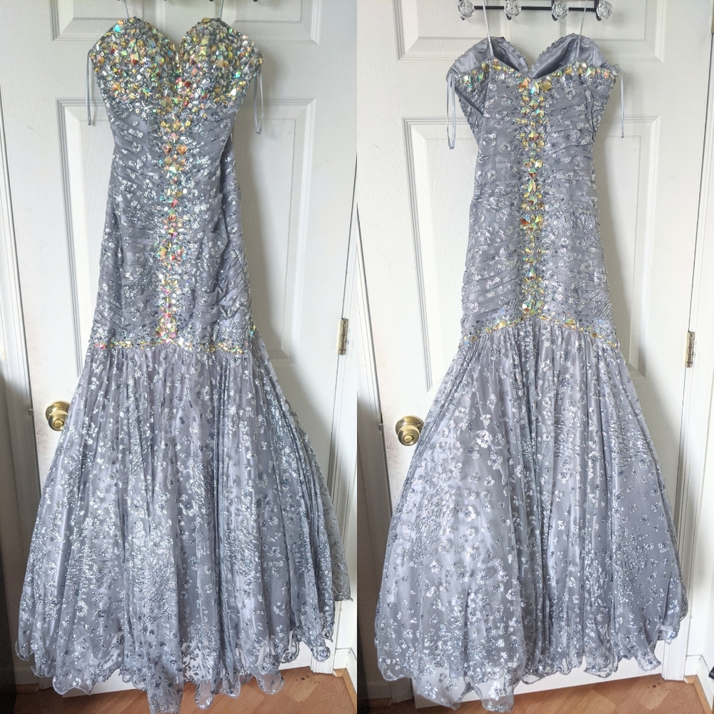 NWT Jovani Silver Glitter Rhinestone Mermaid Gown